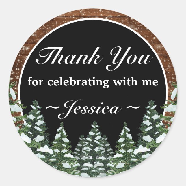 Sticker Rond Pin de la Forêt de Neige Noire Merci d'anniversair (Devant)