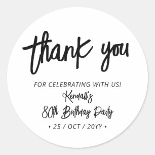 Sticker Rond Pinceau Chic Noir Script Fête d'anniversaire Merci