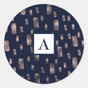 Sticker Rond Pinceau Moderne Rose Gold & Bleu Nuit Étincelant