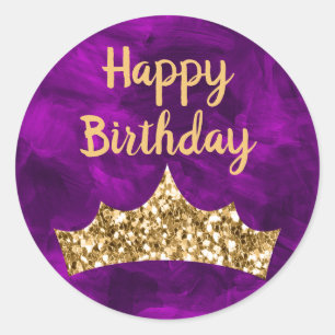 Sticker Rond Pinceau violet et couronne d'or Anniversaire