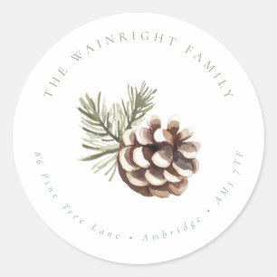 Sticker Rond Pine Cone & Feuille Family Return Adresse
