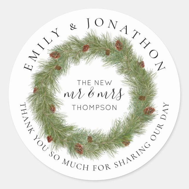 Sticker Rond Pine Cone Wreath Noms Mariage de Noël Merci (Devant)