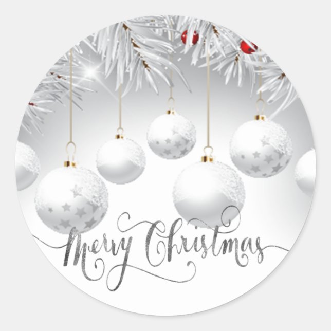 Sticker Rond Pine Tree Branches Balls Blancs Joyeux Noël (Devant)