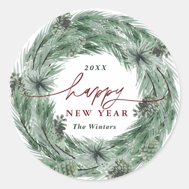 Sticker Rond Pine Tree Wreath Bonne année (Devant)