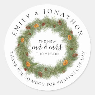 Sticker Rond Pines Citrus Noms Mariage de Noël Merci