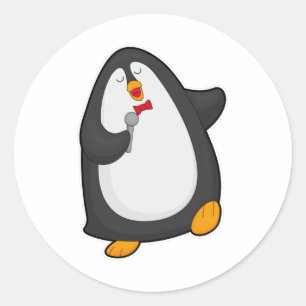 Sticker Rond Pingouin à chanter avec microphone et Cravate