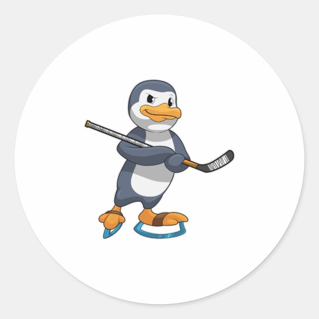 Sticker Rond Pingouin au hockey sur glace avec bâton de hockey  (Devant)