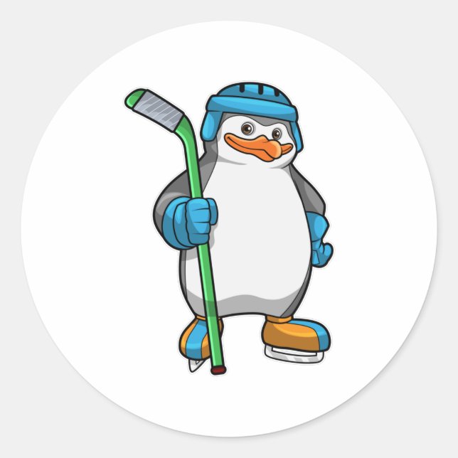 Sticker Rond Pingouin au hockey sur glace avec bâton de hockey  (Devant)
