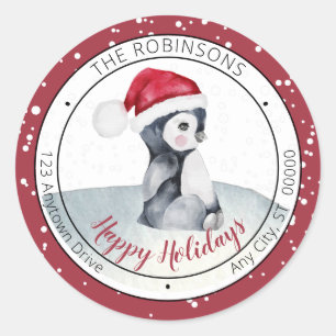 Sticker Rond Pingouin bébé   Santa Hat Joyeux Fêtes Famille