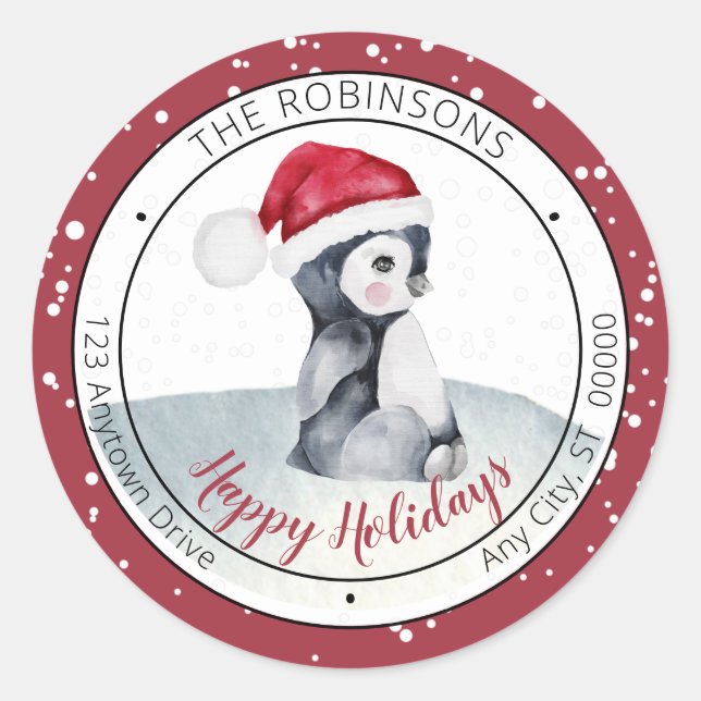 Sticker Rond Pingouin bébé | Santa Hat Joyeux Fêtes Famille (Devant)