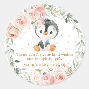 Sticker Rond Pingouin Blush Floral Baby shower fête d'anniversa