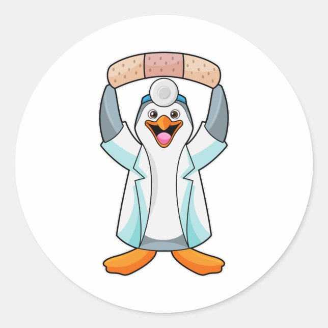 Sticker Rond Pingouin comme docteur avec plâtre (Devant)