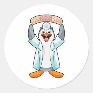 Sticker Rond Pingouin comme docteur avec plâtre