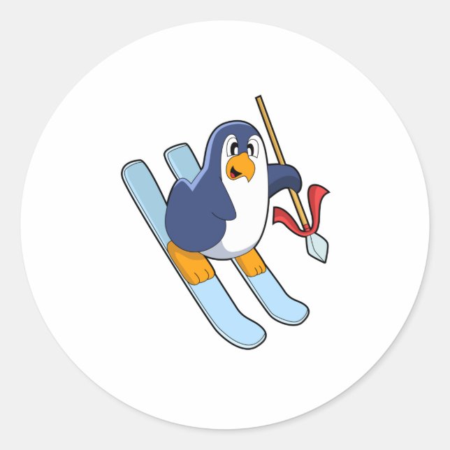 Sticker Rond Pingouin comme skieur avec ski (Devant)