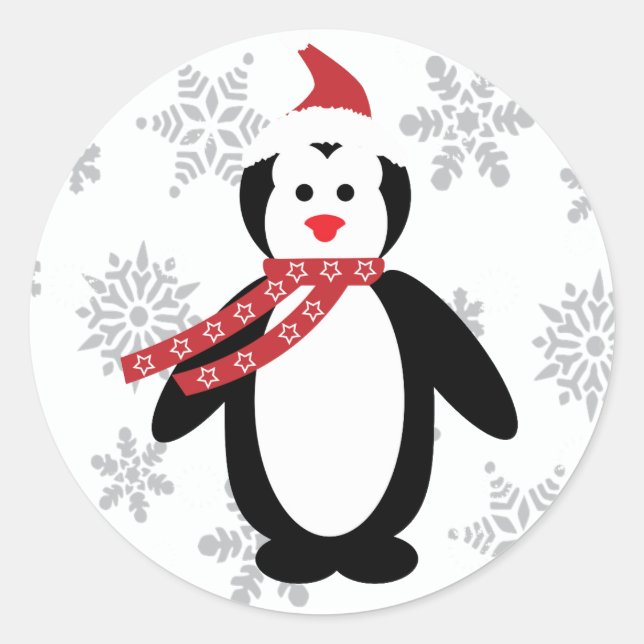 Sticker Rond Pingouin dans la neige avec Casquette Père Noël su (Devant)