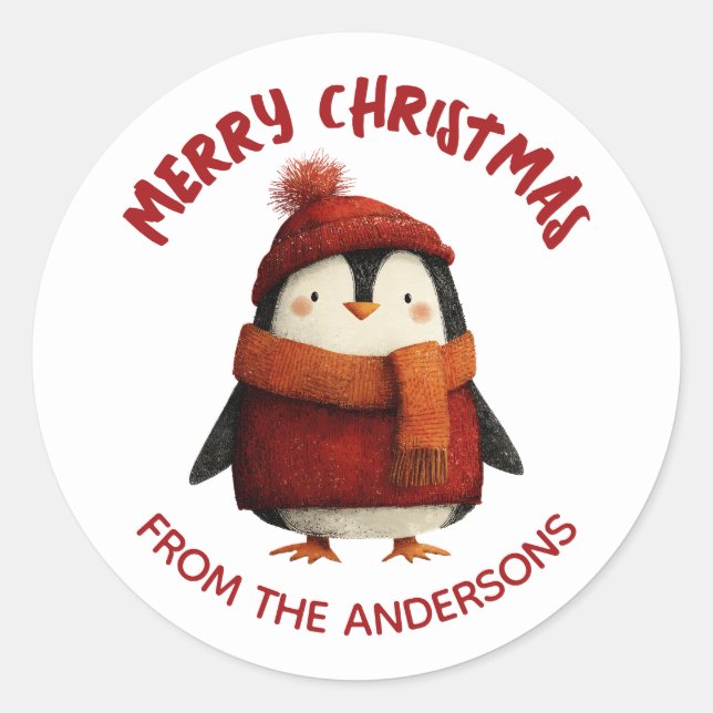 Sticker Rond Pingouin d'aquarelle mignonne Joyeux Noël de (Devant)