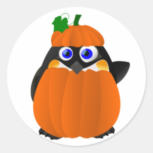 Sticker Rond Pingouin de Halloween de costume de citrouille