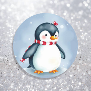 Sticker Rond Pingouin de Noël à l'aquarelle mignonne avec Échar