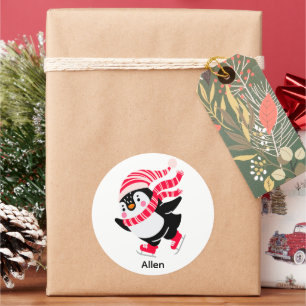 Sticker Rond Pingouin de Noël dans un Casquette et écharpe sur