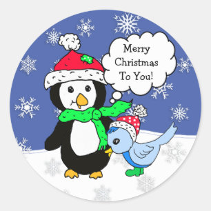 Sticker Rond Pingouin de Noël et Oiseau bleu neigeux
