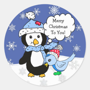 Sticker Rond Pingouin de Noël et Oiseau bleu neigeux