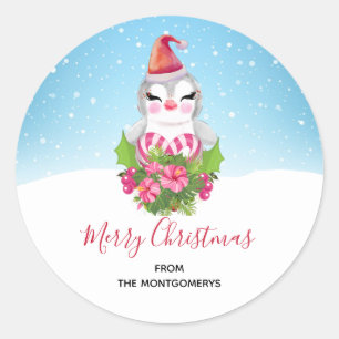 Sticker Rond Pingouin de Noël mignon à Santa Hat