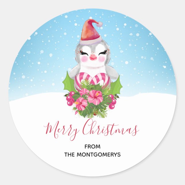Sticker Rond Pingouin de Noël mignon à Santa Hat (Devant)