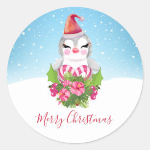 Sticker Rond Pingouin de Noël mignon à Santa Hat