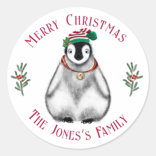 Sticker Rond Pingouin de Noël mignon, animal arctique festif (Devant)