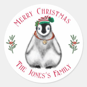 Sticker Rond Pingouin de Noël mignon, animal arctique festif