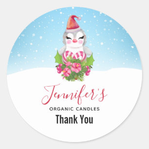 Sticker Rond Pingouin de Noël mignon dans le commerce de Santa