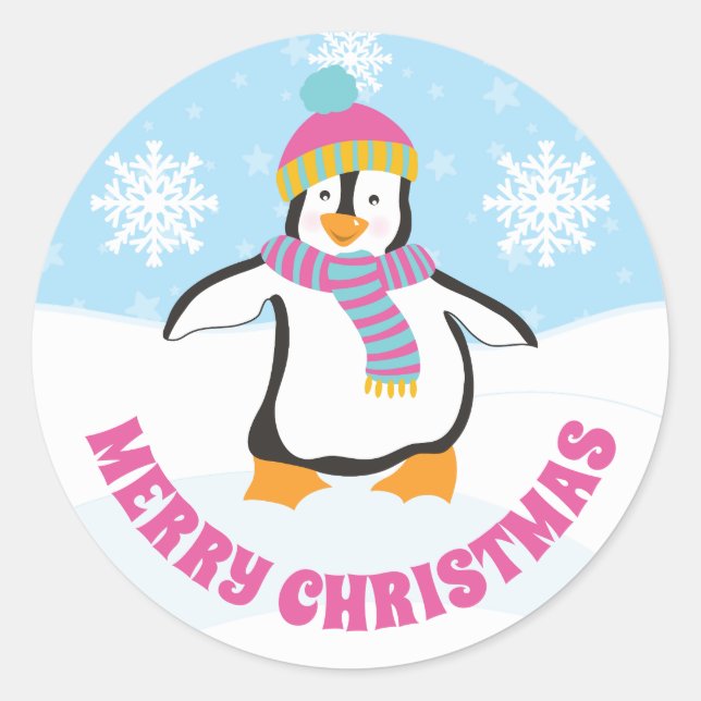 Sticker Rond Pingouin de Noël rose et bleu Casquette (Devant)