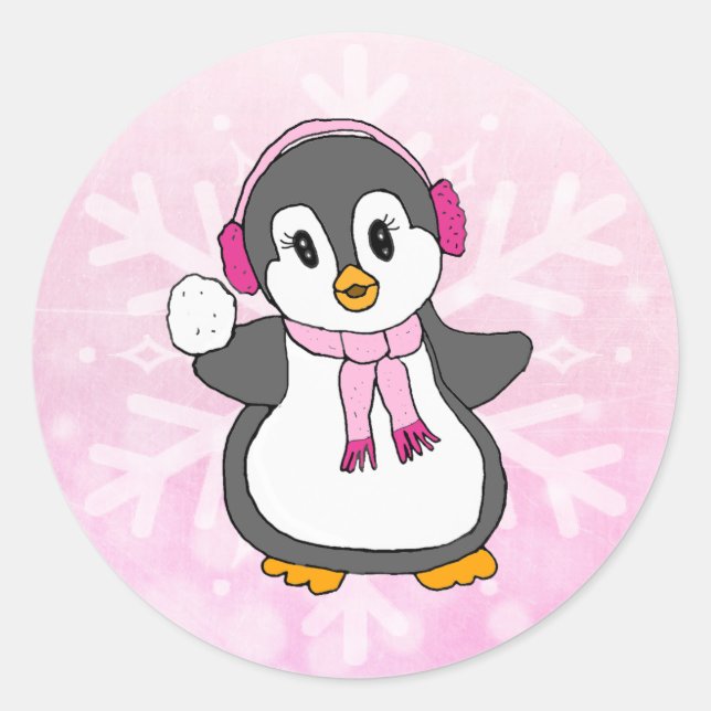 Sticker Rond Pingouin de Noël rose mignon avec Snowball Holiday (Devant)