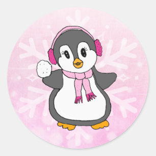 Sticker Rond Pingouin de Noël rose pâle pour les fêtes de Sn