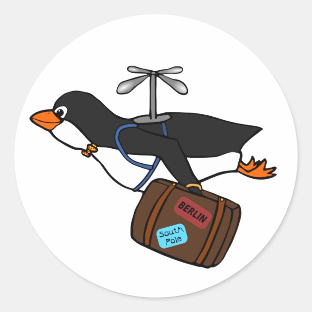 Sticker Rond Pingouin d'hélicoptère volant avec valise (Devant)