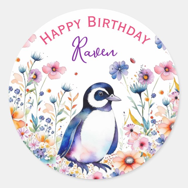 Sticker Rond Pingouin en fleurs Fille Anniversaire Personnalisé (Devant)