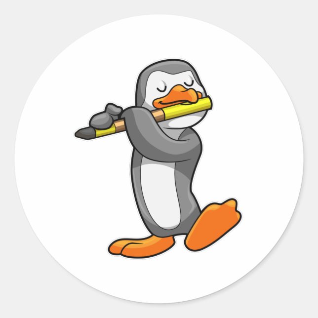 Sticker Rond Pingouin en musique avec Flûte (Devant)