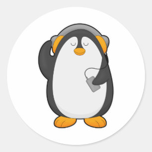 Sticker Rond Pingouin et téléphone mobile avec casque