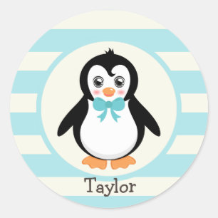 Sticker Rond Pingouin mignon avec Bowtie Turquoise