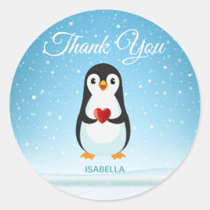 Sticker Rond Pingouin mignon avec coeur sur bleu clair