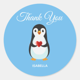 Sticker Rond Pingouin mignon avec coeur sur Merci Turquoise