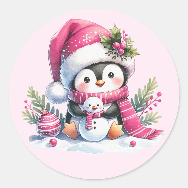 Sticker Rond Pingouin mignon et Snowman Noël rose (Devant)