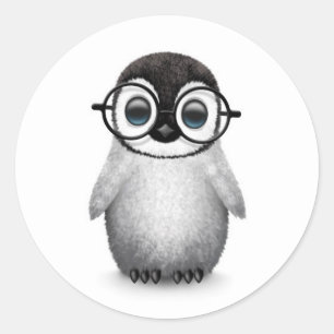 Sticker Rond Pingouin mignon portant des lunettes d'oeil sur bl