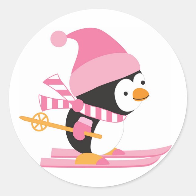 Sticker Rond Pingouin mignon sur ski de neige (Devant)