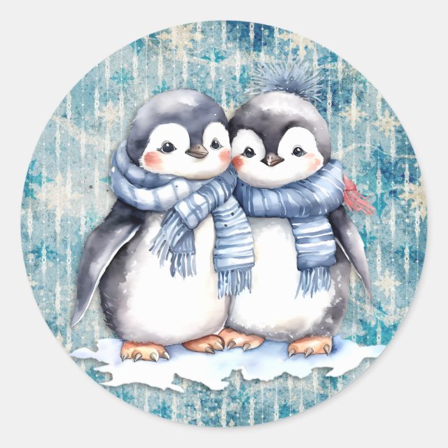 Sticker Rond Pingouins D'Aquarelle Bleu D'Hiver Avec Écharpes (Devant)