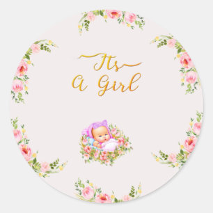 Sticker Rond Pink and Gold Flower thème c'est un baby shower fi