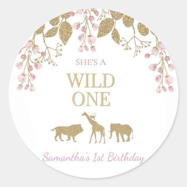 Sticker Rond Pink and Gold Wild One 1st Girl Birthday Party (Devant)