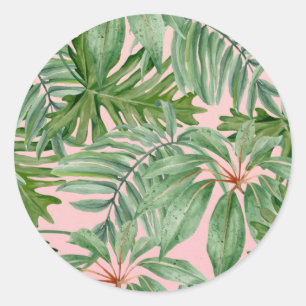 Sticker Rond Pink and Palm Leaf Tropical Floral
