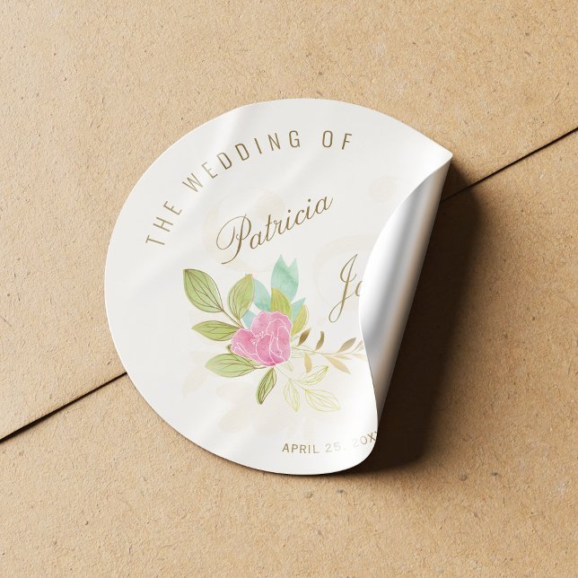 Sticker Rond Pink aquarelle rose or script d'esperie et mariage (Créateur téléchargé)