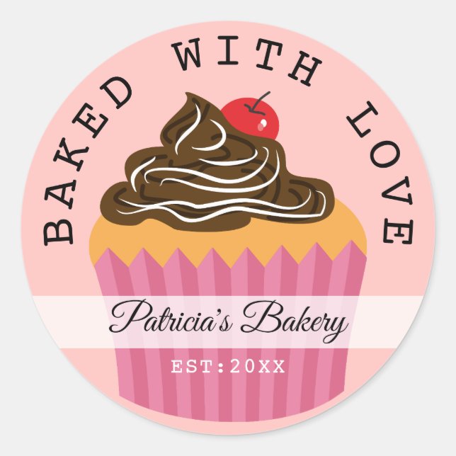Sticker Rond Pink Baked With Love Bakery Nom Personnalisé (Devant)